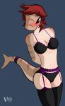  anthro blue_background blush bra breasts clothed clothing fish hair hands_behind_back hi_res legwear lingerie marine neayix partially_clothed red_hair shark signature simple_background solo standing stockings tagme underwear 
