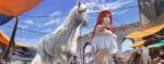  1girl bird breasts cloud commentary_request cowboy_shot crop_top crop_top_overhang highres horse large_breasts long_hair looking_to_the_side market mouth_veil navel orange_eyes original people red_hair sky solo_focus thighs unicorn veil web_address white_horse ydiya 