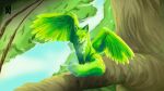 ambiguous_gender branch feathers feral forest fox_hybrid fur green_body green_feathers green_fur looking_at_viewer nahadon plant sitting solo spread_wings tail_wrapping tree wings yellow_eyes 