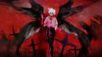  1boy angel_wings black_wings character_request closed_mouth collar cross dark_halo dripping eyebrows_visible_through_hair floating halo hand_in_pocket highres holding holding_halo male_focus mika_winter multiple_wings neon_genesis_evangelion red_eyes red_theme solo white_hair wings 