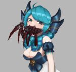  1girl ahoge arthropod_legs bangs black_bow black_sleeves blue_hair bow breasts cleavage colored_inner_hair detached_sleeves dress drill_hair eyebrows_visible_through_hair from_side green_eyes green_hair grey_background gwen_(league_of_legends) hair_bow highres horror_(theme) large_breasts league_of_legends long_hair monster_girl multicolored_hair puffy_short_sleeves puffy_sleeves shiny shiny_clothes shiny_hair short_sleeves simple_background twin_drills two-tone_hair upper_body xingkong 
