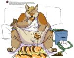  2021 anthro belly big_belly blue_eyes blush bottomwear bucket canid canine canis clothing colored container coyote english_text eyes_closed fast_food food fries grease huge_hips huge_thighs hyper hyper_belly inner_ear_fluff inside looking_pleasured male mammal markings moobs morbidly_obese morbidly_obese_anthro morbidly_obese_male multicolored_body navel obese obese_anthro obese_male overweight overweight_anthro overweight_male pants rain_(vanillayote) restaurant shaded shirt solo standing story tail_markings text thick_thighs topwear torn_clothing tuft vanillayote weight_gain yellow_sclera 