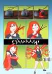 2022 bottomwear clenched_teeth clothing comic female footwear hair halcy0n hi_res holding_twig human human_only mammal meteorite not_furry red_eyes red_hair sandals shirt shorts simple_background slime solo standing surprise teeth topwear 
