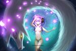  1girl artist_name bangs bare_arms black_sclera braid breasts collarbone colored_sclera commentary eyebrows_visible_through_hair flower green_background groin highres kindred_(league_of_legends) lamb_(league_of_legends) league_of_legends long_hair lying navel nipples on_back open_mouth petals pink_eyes pink_flower pink_hair shiny shiny_hair small_breasts twin_braids uranophane water yellow_eyes 