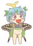  1girl anonymous_(japanese) antennae aqua_hair barefoot blush blush_stickers brown_eyes butterfly_wings clothes_lift dress dress_lift eternity_larva eyebrows_visible_through_hair fairy green_dress gyate_gyate hair_between_eyes jaggy_lines leaf leaf_on_head lifted_by_self multicolored_clothes multicolored_dress navel no_panties open_mouth short_hair single_strap smile solo touhou transparent_background wings 