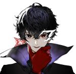  1boy amamiya_ren black_eyes black_hair coat gloves hair_between_eyes hand_on_own_chin heterochromia highres looking_at_viewer mask open_mouth persona persona_5 red_eyes red_gloves sample shihpa simple_background solo star_(symbol) twitter_username upper_body watermark white_background 