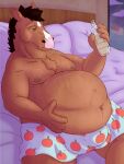  2022 absurd_res anthro bed belly big_belly blitzit bojack_horseman bojack_horseman_(character) bottle building bulge chest_tuft chubby_anthro chubby_male clothed clothing cloud equid equine furniture hand_on_stomach hi_res holding_bottle holding_object horse house liquid looking_at_object male mammal navel netflix night nipples overweight overweight_anthro overweight_male pattern_clothing pattern_underwear sky slightly_chubby solo star tuft underwear underwear_only window 