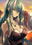  1girl arknights arm_up armpits backlighting bangs bare_shoulders black_choker breasts brown_eyes camisole choker cleavage closed_mouth evening expressionless eyebrows_visible_through_hair green_hair hair_between_eyes hand_in_hair highres horns hoshiguma_(arknights) ito_uuu jewelry large_breasts long_hair long_sleeves necklace official_alternate_costume oni_horns outdoors skin-covered_horns solo sunlight sunset upper_body very_long_hair 
