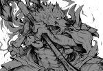  2022 5_fingers abs anthro arm_wraps canid canine canis chest_wraps claws eyebrows fingers fur greyscale hi_res holding_mace humanoid_hands inner_ear_fluff law_(sdorica) magatama male mammal monochrome muscular muscular_anthro muscular_male nao901 sdorica simple_background solo thick_eyebrows tuft white_background wolf wraps 