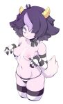  1girl absurdres black_eyes breasts colored_skin commentary elbow_gloves english_commentary gloves highres horns looking_at_viewer navel nipples original panties purple_hair purple_skin simple_background slugbox small_breasts solo stomach striped striped_gloves striped_legwear striped_panties tail thighhighs topless underwear white_background yellow_horns 