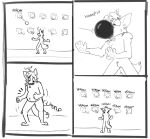  2021 anthro black_and_white bodily_fluids canid canine canis chubby_anthro comic coyote exclamation_point forced goop hand_on_stomach looking_at_self male mammal monochrome onomatopoeia rain_(vanillayote) slightly_chubby small_waist solo sound_effects sweat sweatdrop text vanillayote weight_gain 