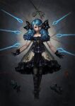  1girl ahoge artist_name bangs black_bow black_dress black_gloves blue_eyes blue_hair bow breasts doll dress drill_hair frilled_dress frills g-redon gloves gradient gradient_background grey_dress gwen_(league_of_legends) hair_bow hair_ornament heterochromia highres kneehighs league_of_legends long_hair looking_at_viewer needle puffy_short_sleeves puffy_sleeves scissors shiny shiny_hair short_sleeves small_breasts smile solo twin_drills 