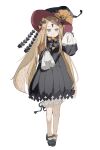  1girl :3 abigail_williams_(fate) absurdres bangs black_dress black_footwear black_headwear blonde_hair blue_eyes bow dress fate/grand_order fate_(series) footwear_bow frilled_dress frills full_body hair_bow hat highres keyhole long_hair looking_at_viewer multiple_bows multiple_hair_bows note_nii orange_bow parted_bangs polka_dot polka_dot_bow simple_background sleeves_past_fingers sleeves_past_wrists smile smug solo stuffed_animal stuffed_toy suction_cups teddy_bear very_long_hair witch_hat 
