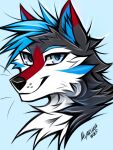  2022 absurd_res blue_eyes blue_hair canid canine canis digital_media_(artwork) domestic_dog fur hair headshot_portrait hi_res looking_at_viewer mammal myarukawolf portrait red_body red_fur simple_background smile 