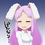  1girl =_= animal_ears cato_(monocatienus) chibi closed_eyes commentary dress_shirt highres long_hair open_mouth purple_hair rabbit_ears reisen_udongein_inaba shirt simple_background solo sweatdrop touhou translated upper_body wavy_mouth white_shirt 