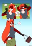  anthro basket black_nose bottomwear butt canid canine clothing comic container countershading cute_fangs female fox fur growth hair halcy0n hi_res holding_basket holding_container holding_object human_to_anthro long_hair looking_back mammal possession red_body red_eyes red_fur red_hair shirt shocked shorts smile solo species_transformation tail_growth topwear transformation white_body white_countershading 