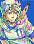  1boy blonde_hair blue_eyes colorful dyresbroom green_lips hood hoodie horseshoe horseshoe_ornament johnny_joestar jojo_no_kimyou_na_bouken male_focus smile solo star_(symbol) star_print steel_ball_run 