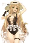  1girl :d animal_ears arknights arm_up armpits bangs bead_necklace beads black_gloves black_swimsuit blonde_hair blush breasts casual_one-piece_swimsuit center_opening cleavage clothes_around_waist cowboy_shot ears_through_headwear elbow_gloves eyebrows_visible_through_hair fang gloves green_eyes hand_on_headwear hat highres jewelry large_breasts long_hair looking_at_viewer necklace official_alternate_costume ohta_yuichi one-piece_swimsuit open_mouth parted_bangs partially_fingerless_gloves see-through single_glove skin_fang smile solo speech_bubble sun_hat swimsuit swire_(arknights) tail tail_ornament tail_ring thigh_gap thigh_strap tiger_ears tiger_girl tiger_tail translation_request very_long_hair white_headwear 