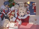  3boys 3girls albedo_(genshin_impact) alternate_costume antenna_hair bangs bed black_gloves blanket blonde_hair blue_eyes blue_hair blush box child_drawing christmas christmas_tree closed_eyes commentary_request crayon dark-skinned_male dark_skin diluc_(genshin_impact) dress drooling eyepatch finger_to_mouth fingerless_gloves genshin_impact gift gift_box gloves hat highres holding jacket jean_(genshin_impact) kaeya_(genshin_impact) klee_(genshin_impact) kuragegeso long_hair merry_christmas mouth_drool multicolored_hair multiple_boys multiple_girls noelle_(genshin_impact) open_mouth pointy_ears pom_pom_(clothes) ponytail red_eyes red_hair sack scarf sketchbook sleeping smile streaked_hair sweat thumbs_up 