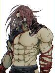  1boy abs angry bangs bara bare_pectorals bare_shoulders biceps brown_hair covered_mouth fate/grand_order fate_(series) feet_out_of_frame hair_over_one_eye hair_undone highres hip_vent igote japanese_clothes large_pectorals male_focus mask muscular muscular_male nipples pectorals red_eyes red_rope rope sirigamotimoti solo spiked_hair stomach tanaka_shinbei_(fate) thick_eyebrows torn_clothes 