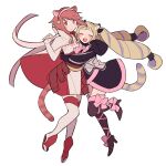  2girls animal_ears armored_skirt bangs black_dress black_ribbon blonde_hair blush boots capelet cat_ears cat_tail closed_eyes do_m_kaeru dress drill_hair elise_(fire_emblem) eyebrows_visible_through_hair fire_emblem fire_emblem_fates full_body hair_ribbon hug japanese_clothes kimono long_hair looking_at_viewer multicolored_hair multiple_girls pink_eyes pink_hair red_ribbon ribbon sakura_(fire_emblem) short_hair sleeveless sleeveless_kimono tail thigh_boots thighhighs twin_drills two-tone_hair very_long_hair white_background white_kimono white_legwear 