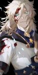  1boy albedo_(genshin_impact) black_background blonde_hair blood blood_on_clothes blood_on_face blue_eyes bright_pupils diamond_(shape) genshin_impact grin hair_between_eyes highres hood hood_down light_blue_eyes long_hair male_focus parted_lips signature simple_background smile solo srro_yo teeth upper_body vision_(genshin_impact) white_pupils 