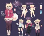  1girl anakoluth black_legwear blonde_hair blue_eyes character_sheet eyebrows_visible_through_hair furry furry_female garter_straps glasses highres hood hoodie long_sleeves looking_at_viewer medium_hair no_nipples original red_hoodie shoes sneakers solo thighhighs twitter_username white_footwear 