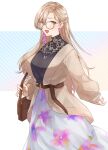 1girl absurdres aodake_(winter1517) bag bangs belt bespectacled blonde_hair blush breasts brown_belt commentary_request earrings fang floral_print glasses hair_between_eyes highres jewelry lace large_breasts long_hair long_sleeves looking_at_viewer necklace nijisanji nui_sociere open_mouth round_eyewear simple_background skin_fang skirt solo virtual_youtuber yellow_eyes 