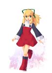  1girl blonde_hair boots dress full_body green_eyes green_ribbon hair_ribbon kirishima_satoshi long_hair looking_at_viewer mega_man_(classic) mega_man_(series) open_mouth ponytail red_dress red_skirt ribbon roll_(mega_man) skirt smile solo 