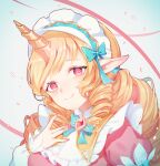  1girl absurdres bangs blonde_hair bow bowtie cafe_cuties_soraka diamond-shaped_brooch drill_hair gllmj green_bow green_bowtie grey_background hair_bow highres horns league_of_legends long_hair long_sleeves looking_at_viewer maid maid_headdress pink_background pink_eyes shiny shiny_hair simple_background single_horn smile solo soraka_(league_of_legends) twin_drills 