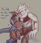  anthro armor bandai_namco clothing crop_top digimon digimon_(species) dragon duo ear_piercing flamedramon horn iceleomon male male/male mane muscular nudeus piercing reptile scalie shirt text topwear video_games 