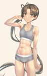  1girl abs ayanami_(kancolle) biceps blush brown_hair closed_mouth collarbone cowboy_shot eyebrows_visible_through_hair green_eyes grey_sports_bra highres kantai_collection kokuzou long_hair looking_at_viewer muscular muscular_female navel side_ponytail smile solo sports_bra very_long_hair 