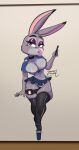  2021 anthro areola areola_slip bottomwear clothing collar dated disney eyelashes eyeshadow female hi_res judy_hopps lagomorph leggings legwear leporid makeup mammal midriff pen platform_footwear police_badge rabbit signature simple_background skirt solo thigh_strap thong underwear wayesh zootopia 