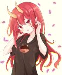  1girl :d bangs black_shirt blush breasts brown_background commentary fang fingernails hair_between_eyes hands_up head_tilt highres horns leaf leaf_background long_fingernails long_hair looking_at_viewer oni oni_horns original pointy_ears red_eyes red_hair red_nails sharp_fingernails shirt short_eyebrows short_sleeves simple_background small_breasts smile solo symbol-only_commentary thick_eyebrows tsukiyo_(skymint) upper_body 