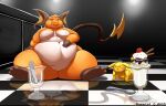  anthro belly beverage breasts cocoa_(cheesecaker) duo female fur hair hand_on_stomach kazecat kitchen male male/female mammal milkshake nintendo nude obese obese_anthro obese_female overweight overweight_anthro overweight_female pikachu pok&eacute;mon pok&eacute;mon_(species) raichu rodent sitting sitting_on_floor size_difference smile sparks_(cheesecaker) thick_thighs video_games yellow_body yellow_fur 