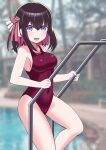  1girl azki_(hololive) black_hair blurry blurry_background breasts collarbone commentary_request competition_swimsuit covered_navel cowboy_shot highres hololive large_breasts looking_at_viewer multicolored_hair one-piece_swimsuit pink_hair pool_ladder purple_eyes purple_swimsuit ranobe-senka short_hair smile solo swimsuit two-tone_hair virtual_youtuber 