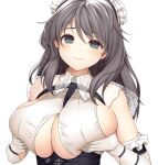  1girl asamura_hiori azur_lane bangs bare_shoulders black_hair blush breast_lift breasts charybdis_(azur_lane) cleavage cleavage_cutout closed_mouth clothing_cutout commentary_request elbow_gloves eyebrows_visible_through_hair frilled_gloves frills gloves grey_eyes highres huge_breasts large_breasts long_hair looking_at_viewer maid_headdress revision sideboob simple_background smile solo underbust upper_body white_background white_gloves 