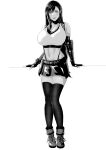  1girl absurdres bangs bare_shoulders black_hair black_legwear black_skirt boots breasts collarbone commentary elbow_gloves final_fantasy final_fantasy_vii final_fantasy_vii_remake forehead full_body gloves greyscale highres iwao178 large_breasts looking_at_viewer monochrome navel parted_bangs parted_lips simple_background skirt smile solo standing suspender_skirt suspenders thighhighs tifa_lockhart white_background 