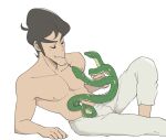  1boy aboutama bebinn black_eyes child facial_hair hair_strand male_focus mustache nipples ousama_ranking pants pectorals short_hair smile snake solo thick_eyebrows toned toned_male topless_male white_background white_pants 