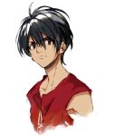  1boy black_hair brown_eyes closed_mouth hair_between_eyes looking_up male_focus serious shirabi short_hair sleeveless solo tenkuu_no_escaflowne upper_body van_fanel white_background 