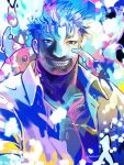  1boy bara beard colorful dagon_(housamo) facial_hair fish_boy highres jewelry large_pectorals long_sideburns male_focus mature_male multicolored_background muscular muscular_male necklace pectoral_cleavage pectorals sharp_teeth short_hair sideburns smile solo stubble tappuriiii teeth tentacles tokyo_afterschool_summoners twitter_username 