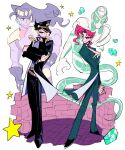  2boys black_hair blue_eyes collar_chain earrings gakuran gem hat hierophant_green highres jewelry jojo_no_kimyou_na_bouken kakyoin_noriaki kujo_jotaro long_coat male_focus multiple_boys no_soul_zzz pink_hair purple_eyes red_hair school_uniform smile stand_(jojo) star_(symbol) star_platinum stardust_crusaders 