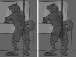  anthro balls butt canid canine canis clothed clothing flip_flops footwear genitals male mammal partially_clothed pole sandals sepulte solo wolf 