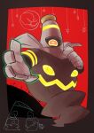  commentary dusknoir full_body glowing glowing_hand highres litwick looking_at_viewer no_humans pkpokopoko3 pokemon pokemon_(creature) red_background solo star_(symbol) yellow_eyes 