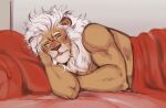  2022 anthro bare_chest bed bed_covers bedding blep clay_calloway_(sing) digital_media_(artwork) eyes_closed felid fur furniture hand_under_head hi_res illumination_entertainment lion lying male mammal mane mature_anthro mature_male on_bed on_side pantherine sing_(movie) sleeping solo tan_body tan_fur tongue tongue_out under_covers vhkansfweer whiskers white_mane 