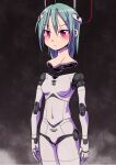  1girl android arms_at_sides breasts cable commentary_request disembodied_head expressionless eyebrows_visible_through_hair green_hair joints mechanical_parts medium_hair navel original red_eyes robot_joints small_breasts solo tommy_region 