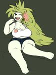  2021 3:4 accessory anthro big_breasts black_nose bottomwear breasts clothing eyes_closed female flower flower_in_hair fur green_hair hair hair_accessory halcy0n hi_res legendary_pok&eacute;mon nintendo plant pok&eacute;mon pok&eacute;mon_(species) shaymin shorts simple_background sitting smile solo video_games white_body white_fur 