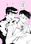  2boys blush cowlick diamond_wa_kudakenai earrings gakuran headband higashikata_josuke jewelry jojo_no_kimyou_na_bouken kishibe_rohan male_focus monochrome multiple_boys necktie peace_symbol pen pencil pink_background pompadour school_uniform simple_background sketchbook sumo_(komokomo1201) sweater_vest translation_request undercut 