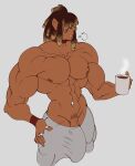  beverage bulge clothed clothing coffee coffee_mug container cup dark_body dark_skin digital_media_(artwork) dreadlocks ear_piercing facial_piercing genitals gomibin_art grey_background hair hair_over_eyes hi_res highlights_(coloring) holding_mug human humanoid male mammal mug muscular muscular_male navel navel_piercing nipples not_furry open_mouth penis piercing pubes ring sigh simple_background solo sweatpants 