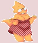  alphys alpi anthro barefoot belly big_breasts blush bodily_fluids breasts buckteeth chubby_anthro chubby_female cleavage clothed clothing deep_navel dress eyewear feet female front_view full-length_portrait glasses hi_res lizard looking_at_viewer navel nervous non-mammal_breasts open_mouth overweight overweight_anthro overweight_female partially_clothed portrait reptile scales scalie short_stack simple_background slightly_chubby solo standing sweat teeth thick_tail thick_thighs three-quarter_view undertale undertale_(series) undressing video_games wide_hips yellow_body yellow_scales 